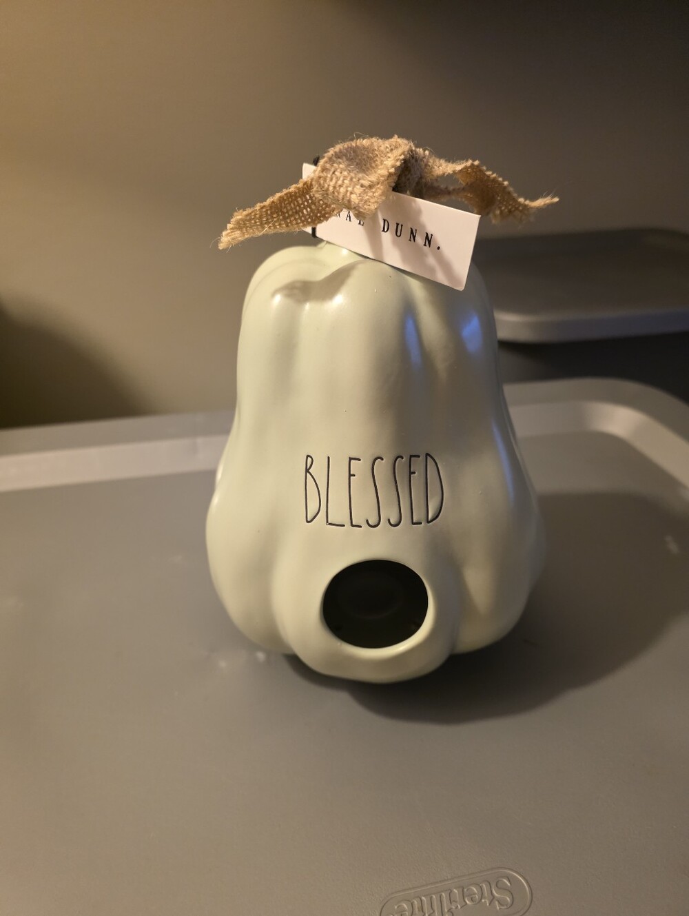Rae Dunn Sage Ceramic 'Blessed' Pumpkin Accent with Burlap Bow
